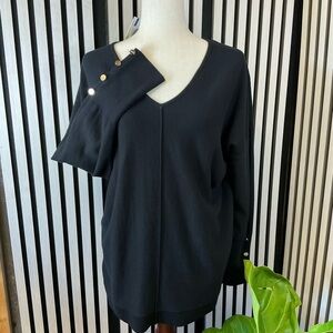 New ANNE KLEIN Black V-Neck Sweater with Silver Button Accents Sz XL